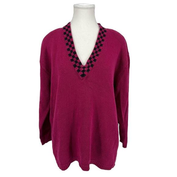 Vintage 90’s SK Wear Sweater Fuchsia Pink Checkered V-Neck Small - Picture 1 of 8